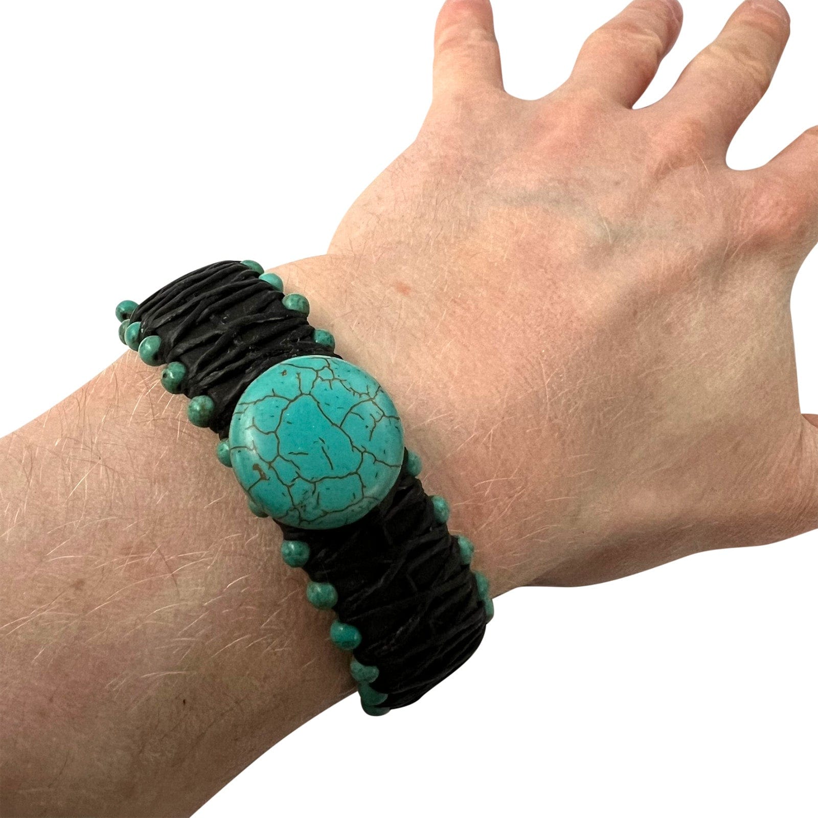Turquoise Beads Black Leather Bangle Bracelet Wristband Mens Womens Jewellery