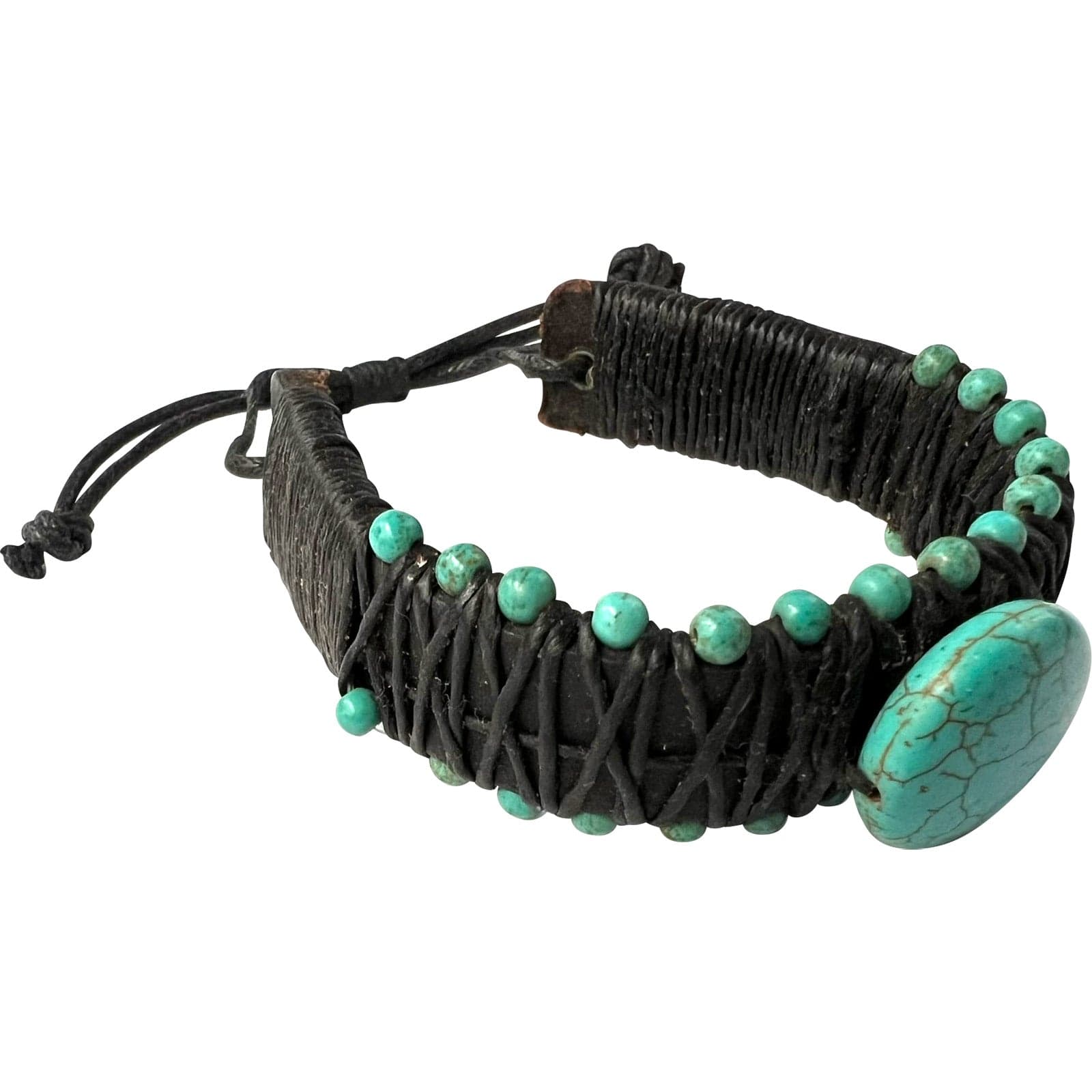 Turquoise Beads Black Leather Bangle Bracelet Wristband Mens Womens Jewellery