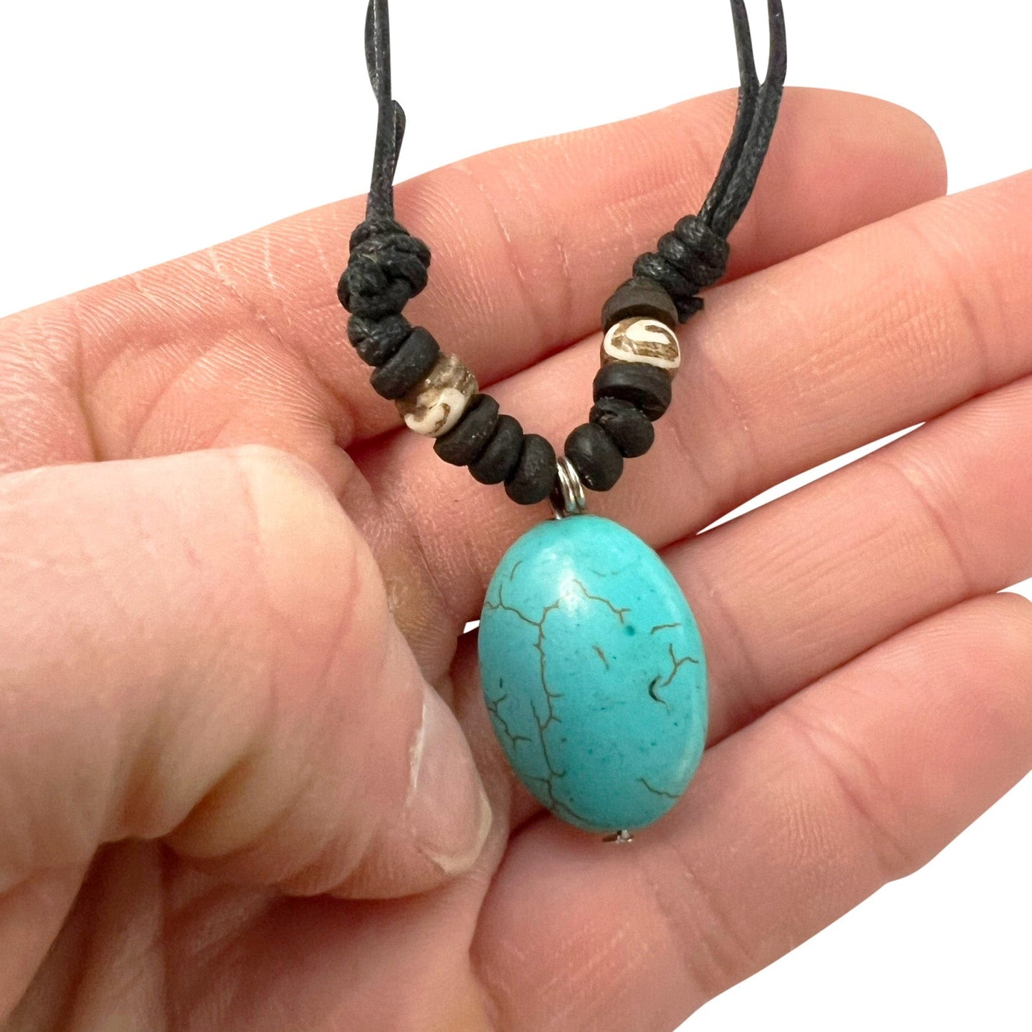 Turquoise Pendant Beads Necklace Black Cotton Cord Chain Mens Womens Jewellery