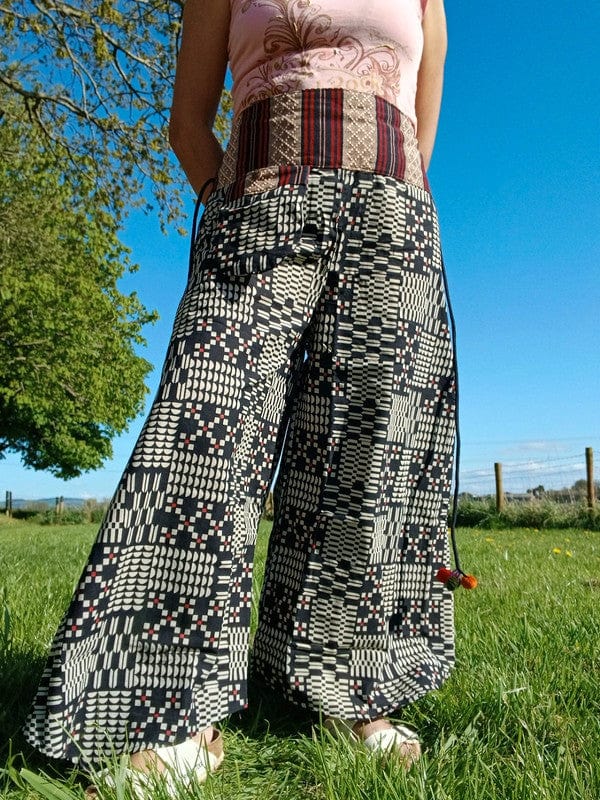White Geometric Palazzo Wide Leg Black Thai Japanese Pants Baggy Harem Trousers