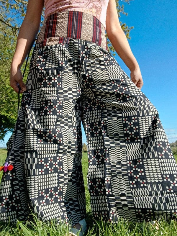 White Geometric Palazzo Wide Leg Black Thai Japanese Pants Baggy Harem Trousers