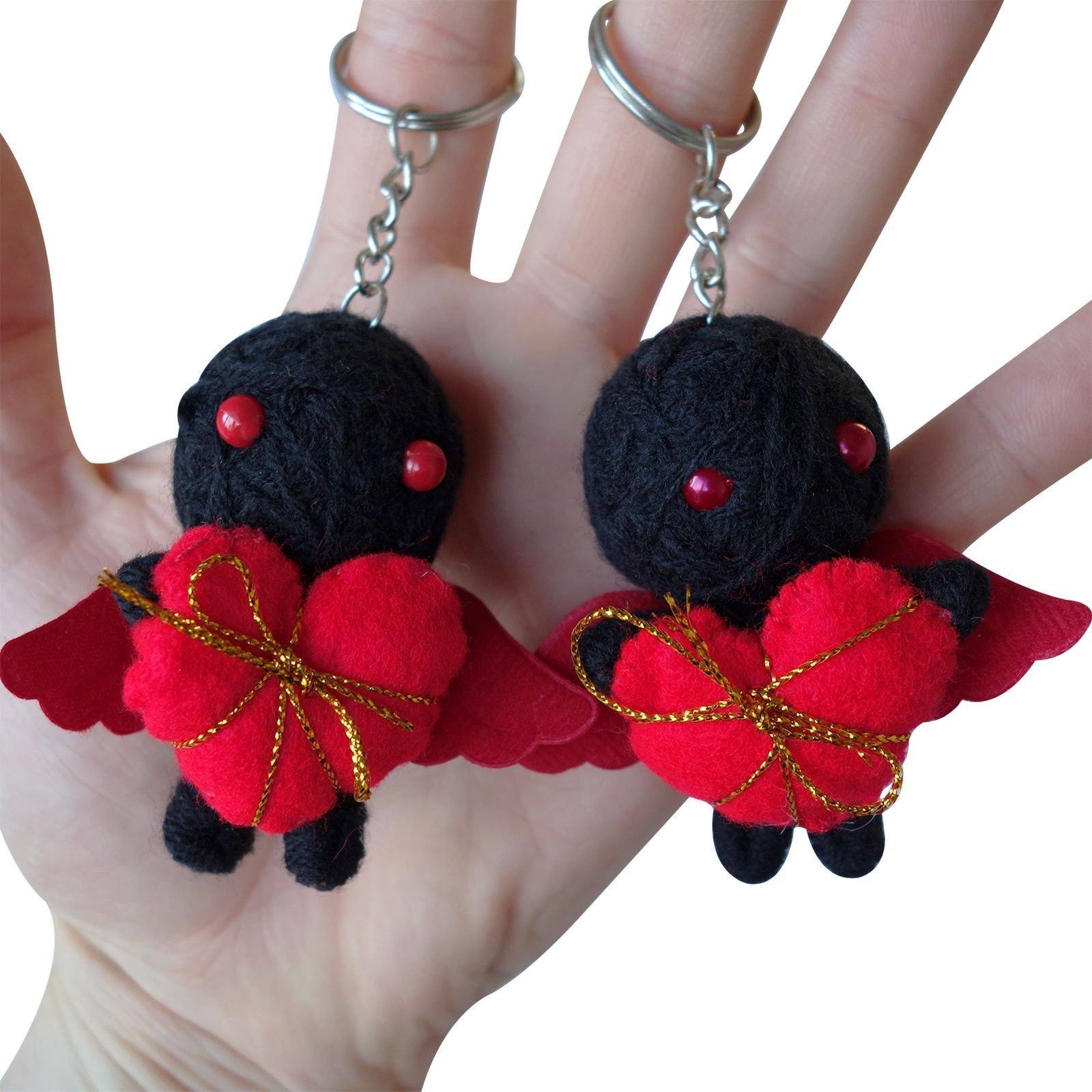 2 X Voodoo Doll Keychains Keyrings Fobs Cherub Cupid Red Love Heart Present Gift