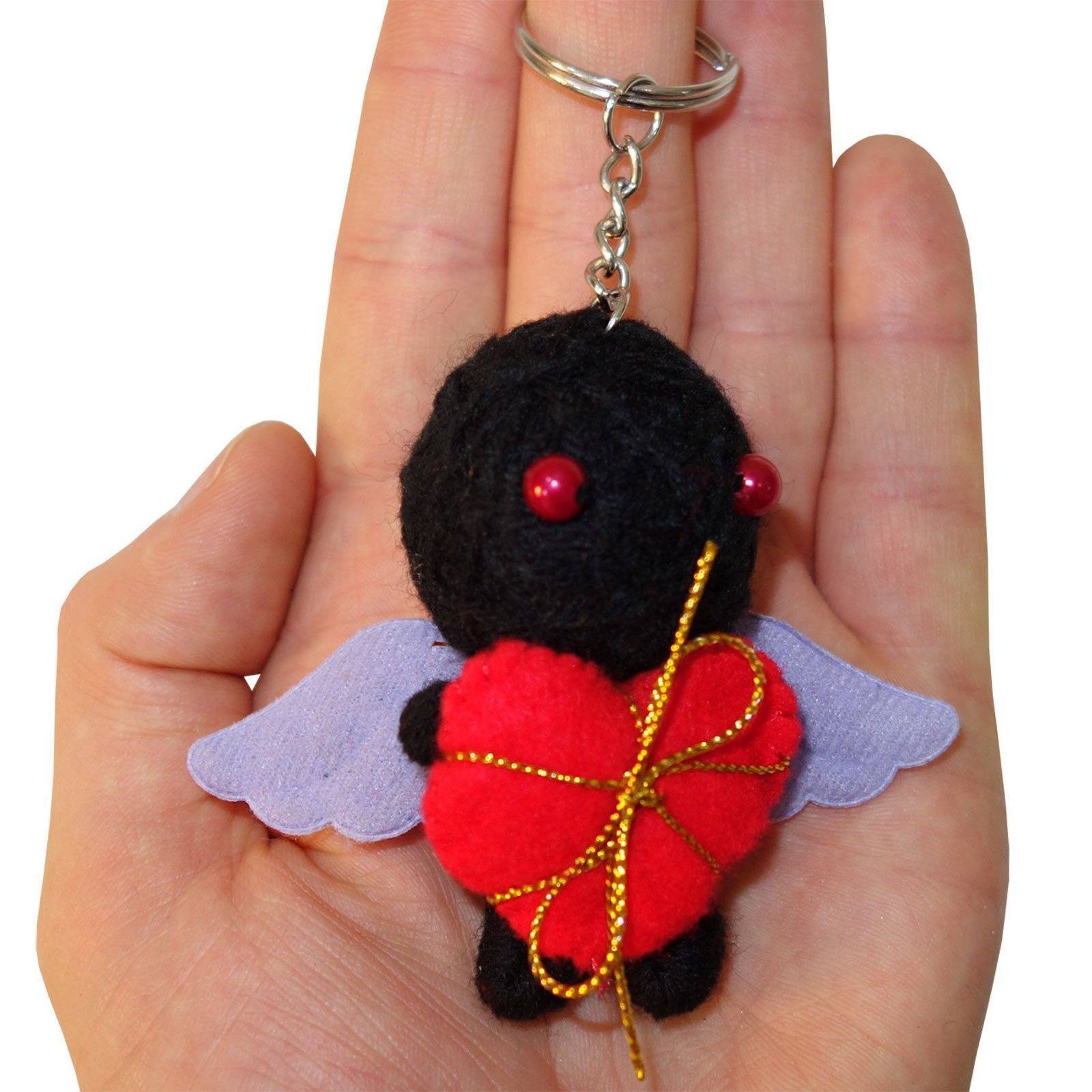 2 X Voodoo Doll Keyrings Black Cherub Cupid Purple Wings Red Love Heart Charms