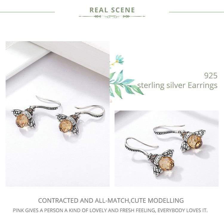 925 Sterling Silver Bumble Bee Hook Dangle Drop Earrings