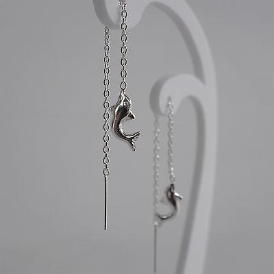 925 Sterling Silver Dolphin Threader Stud Earrings Dangle Drop Pull Thread Chain
