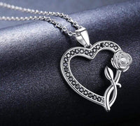 925 Sterling Silver Heart Rose Flower Black Spinel Stones Pendant and Chain Necklace