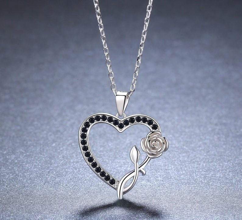 925 Sterling Silver Heart Rose Flower Black Spinel Stones Pendant and Chain Necklace