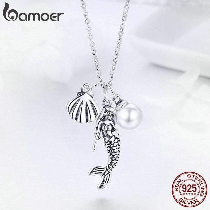 925 Sterling Silver Mermaid Shell Pearl Pendant Necklace