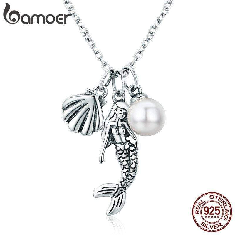 925 Sterling Silver Mermaid Shell Pearl Pendant Necklace
