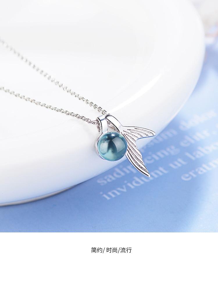 925 Sterling Silver Mermaid Tail Pendant Blue Crystal and Necklace Chain