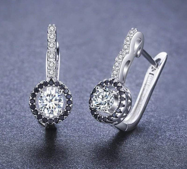 925 Sterling Silver Round Stud Earrings Zircon Crystal Black Spinel Stone