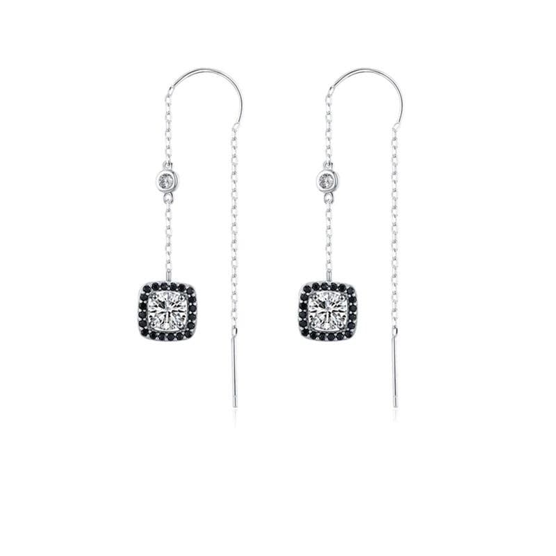 925 Sterling Silver Threader Earrings Pull Through Drop Black Spinel Stones Zircon Crystals
