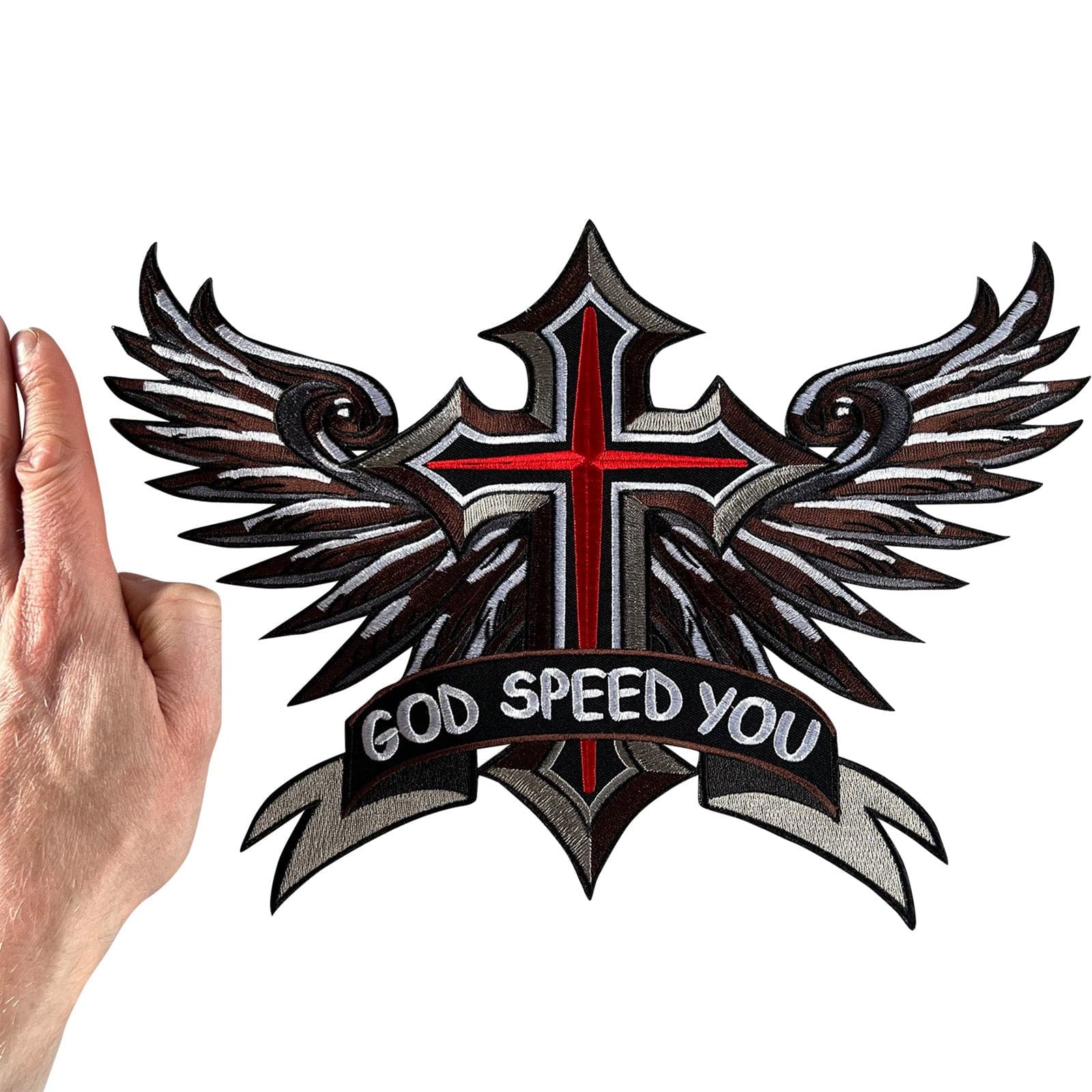 Big Large God Speed You Iron Sew On Jacket Patch Angel Wings Cross Bik