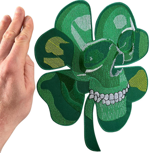Big Large Green Four Leaf Clover Patch Iron Sew On Cloth Skull Embroidered Badge