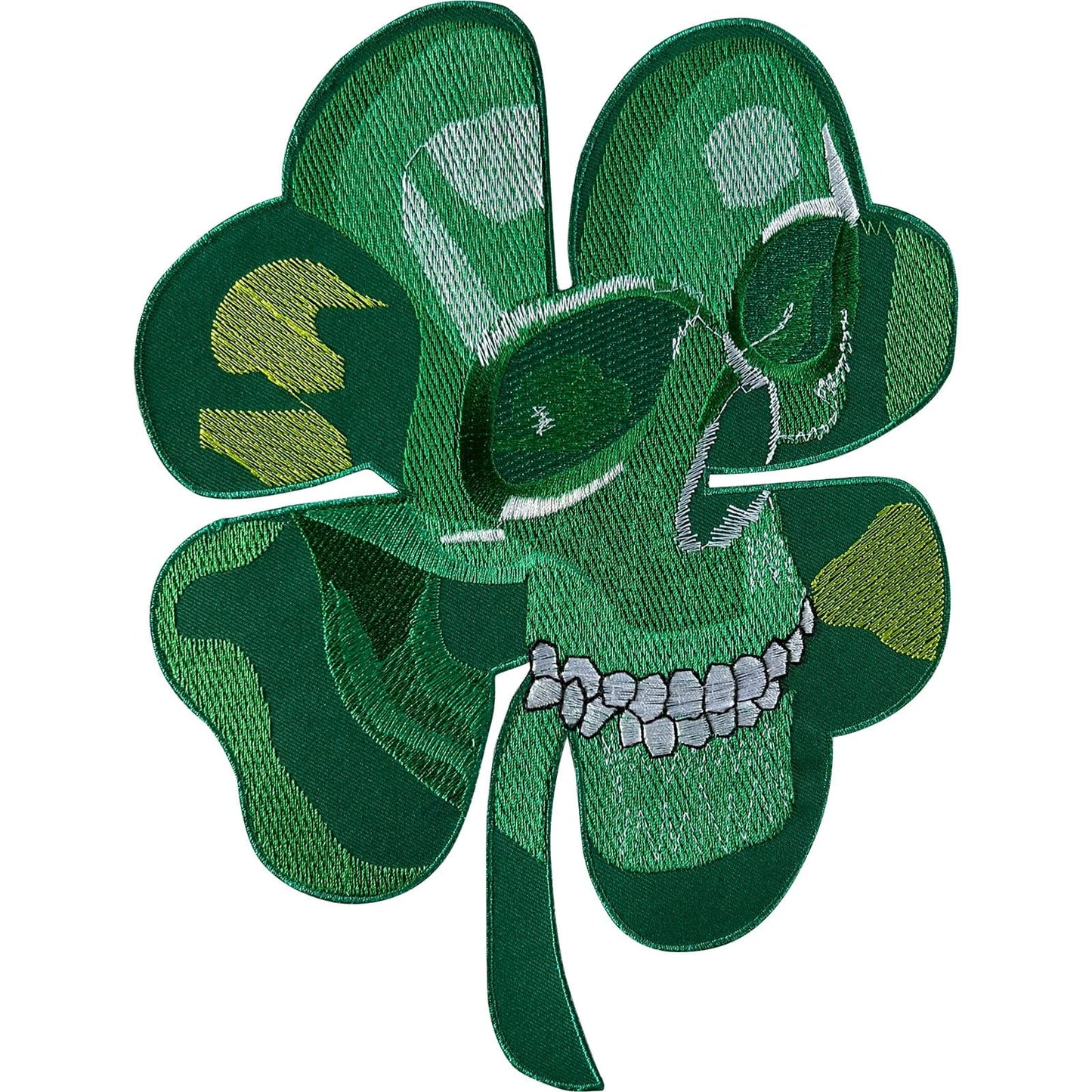 Big Large Green Four Leaf Clover Patch Iron Sew On Cloth Skull Embroidered Badge