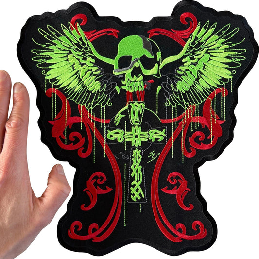 Big Large Iron On Sew On Jacket Patch Skull Cross Angel Wings Embroidered Badge