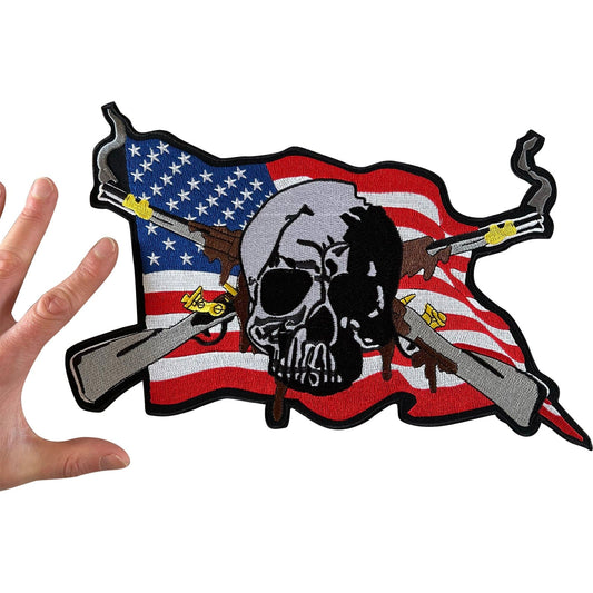 Big Large Iron Sew On Jacket Patch USA Flag Skull Rifle Biker Embroidered Badge