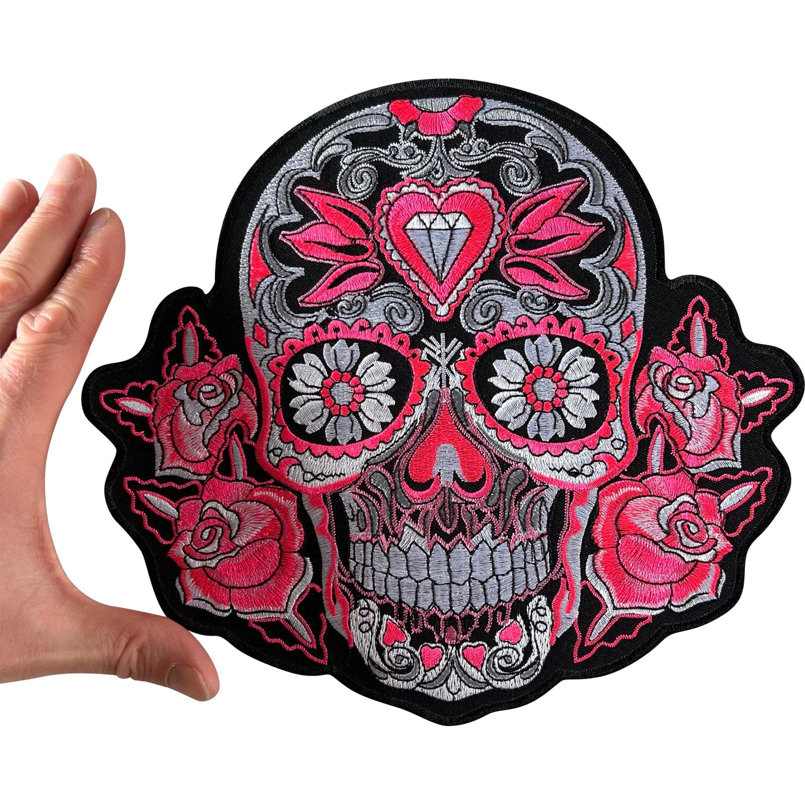 Big Large Pink Flower Sugar Skull Patch Iron Sew On Jacket T Shirt Hoodie Badge