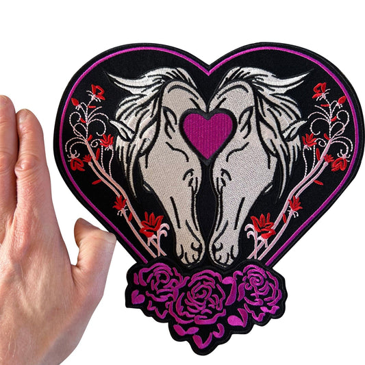 Big Large Pink Purple Rose Black Love Heart Horse Patch Iron Sew On Denim Badge