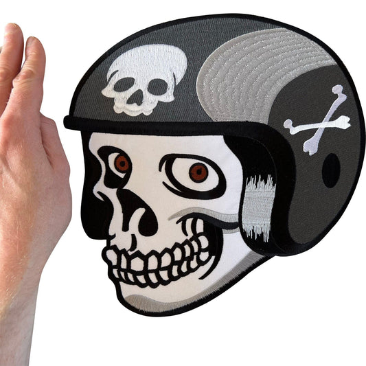 Big Large Skull Helmet Iron Sew On Jacket Embroidered Patch Motorbike BMX Badge