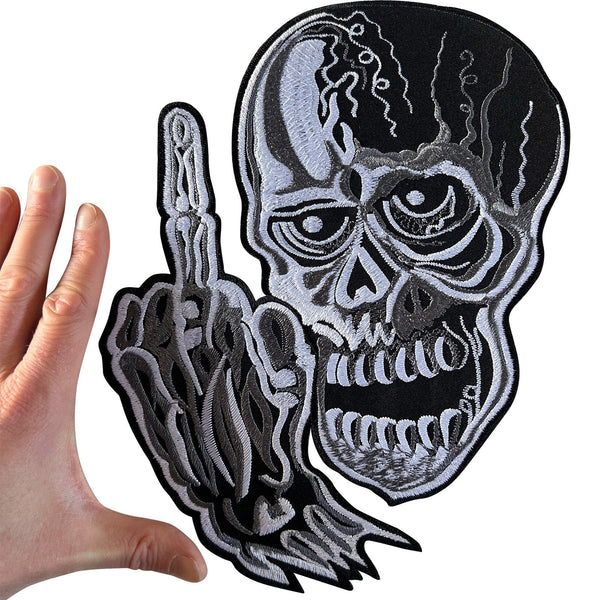 Big Large Skull Middle Finger Patch Iron Sew On Jacket Biker Embroidered Badge