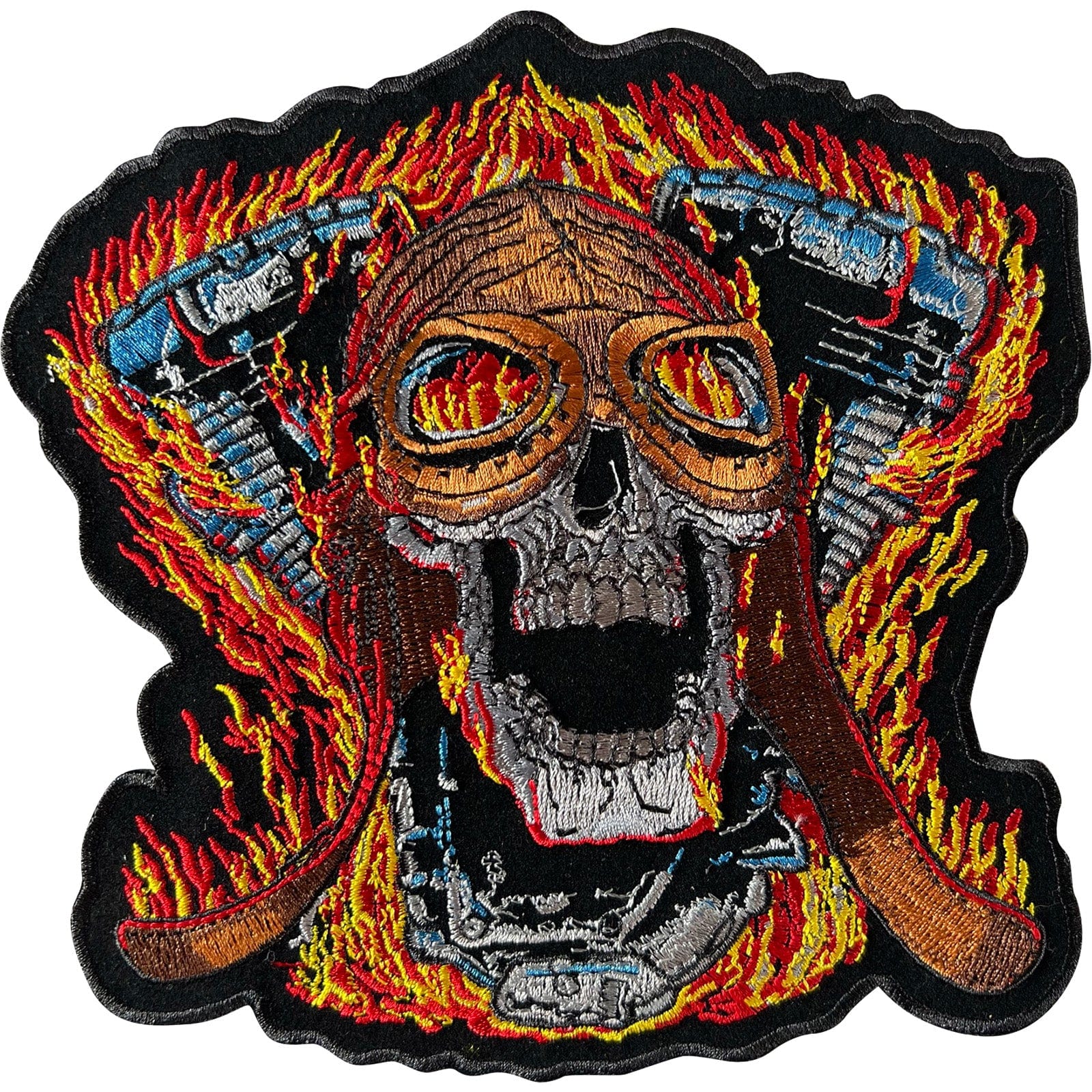 Big Large Skull Motorbike Engine Fire Patch Iron Sew On Jacket Embroidered Badge