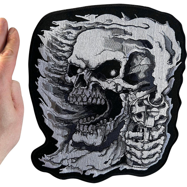 Big Large Skull Revolver Gun Patch Iron On Sew On Jacket Biker Embroidered Badge