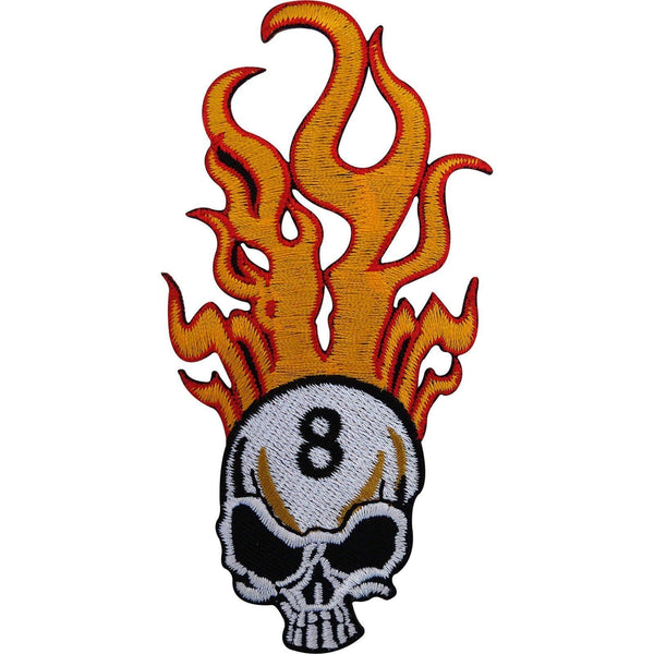 Biker Badge Iron On Patch / Sew On Embroidered Lucky Number 8 Fire Flaming Skull