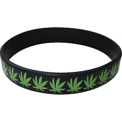 Black Cannabis Leaf Rubber Silicone Hippie Wristband Bracelet Bangle Womens Mens