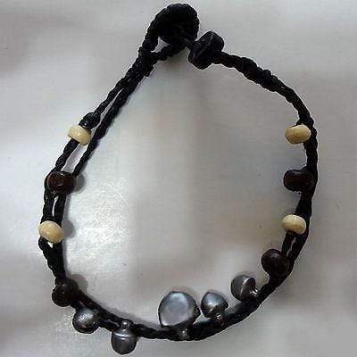 Black Cord Brown Cream Wood Beads Jingle Bells Unusual Bracelet Wristband Bangle