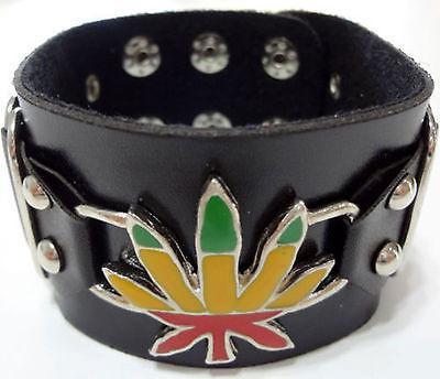 Black Leather Biker Rasta Cannabis Leaf Bracelet Wristband Bangle Mens Ladies