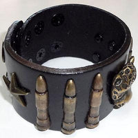 Black Leather Bronze Leopard Bullet Star Studs Biker Bracelet Wristband Bangle