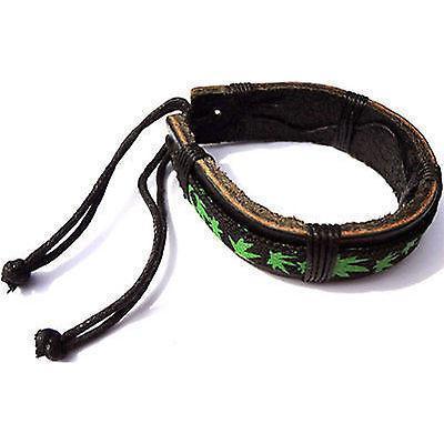 Black Leather Cannabis Leaf Bracelet Wristband Bangle Mens Ladies Boys Jewellery
