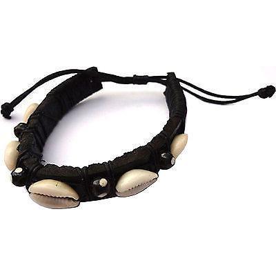 Black Leather Shell Bracelet Wristband Bangle Mens Ladies Boys Girls Jewellery