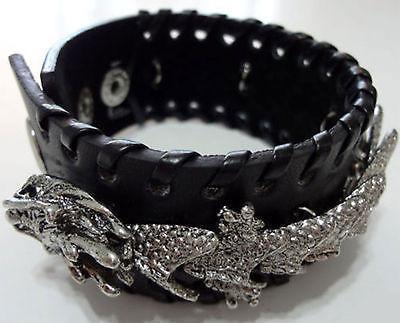 Black Leather Silver Colour Dragon Bracelet Wristband Bangle Mens Womens Jewelry