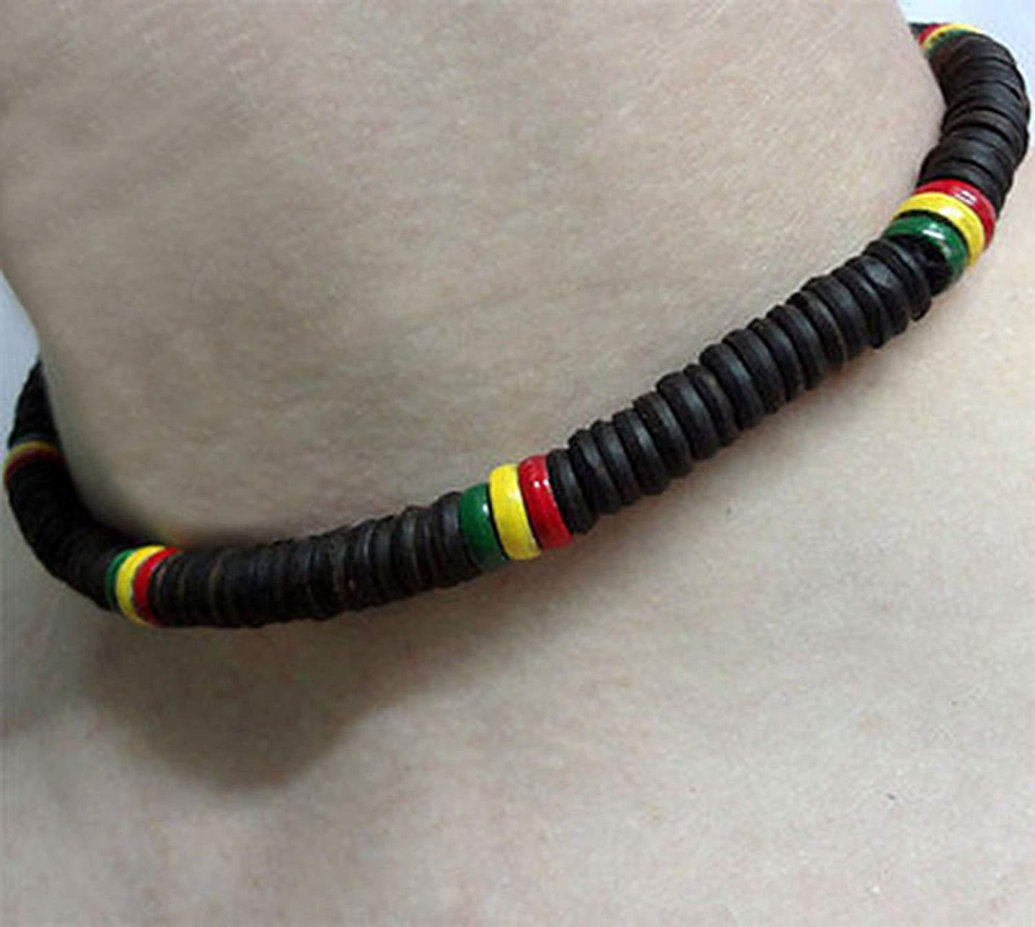 Black Rasta Wood Beads Elastic Stretch Surfer Necklace Chain Choker Mens Ladies