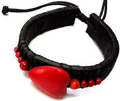 Black Red Heart Leather Bracelet Wristband Bangle Ladies Girls Womens Jewellery