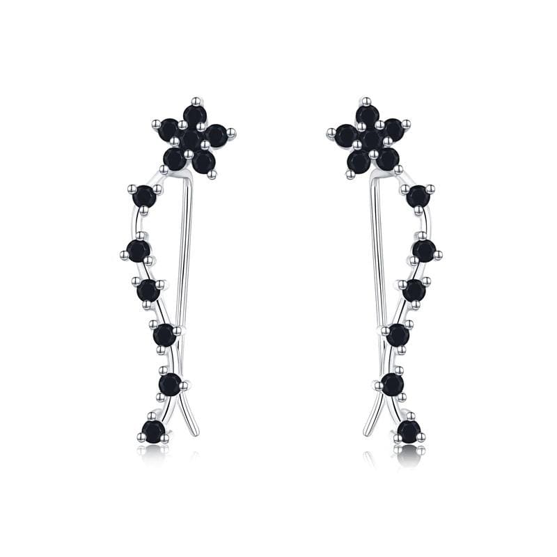 Black Spinel Gemstone Flower 925 Sterling Silver Stud Cuff Earrings