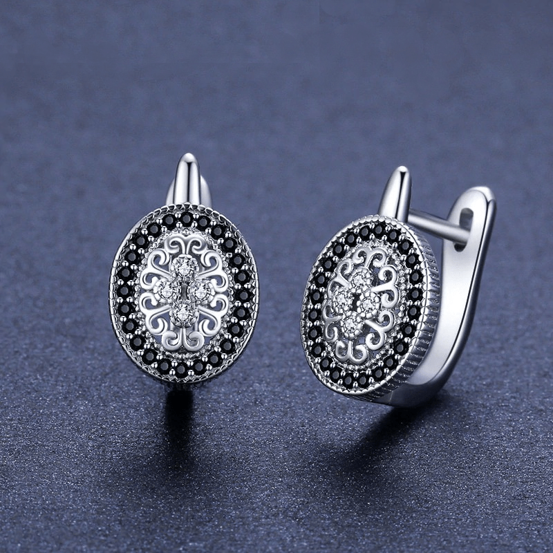 Black Spinel Stone Round 925 Sterling Silver Stud Earrings