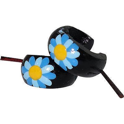 Blue Flower Black Wooden Hoop Stick Huggie Stud Earrings Womens Ladies Jewellery