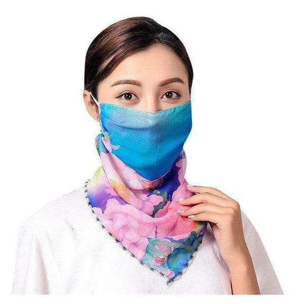 Blue Pink Floral Chiffon Silk Scarf Fabric Reusable Face Mask Washable Face Covering