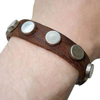Brown Leather Bracelet Silver Tone Studs Wristband Bangle Mens Womens Jewellery