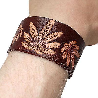 Brown Leather Cannabis Bracelet Wristband Bangle Mens Womens Ladies Jewellery