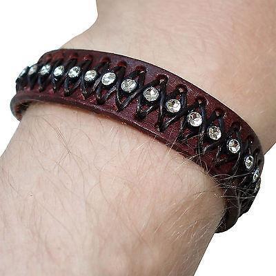 Brown Leather Crystal Bracelet Wristband Bangle Mens Womens Girls Boys Jewellery