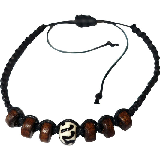 Brown Wood Black Cotton Bracelet Wristband Bangle Mens Womens Ladies Jewellery