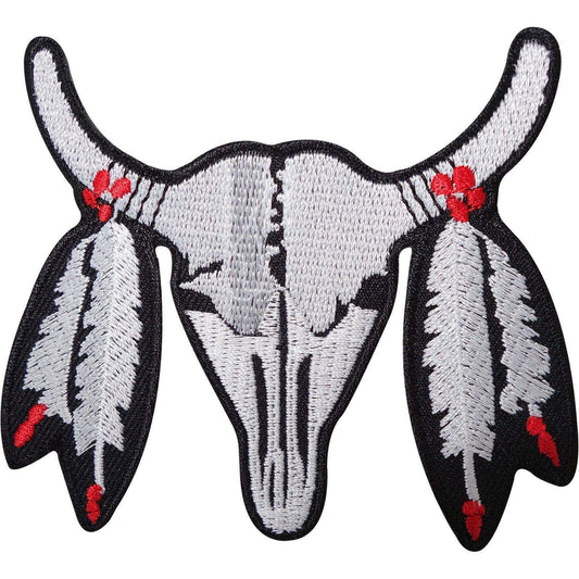Buffalo Skull Feathers Embroidered Iron / Sew On Patch Embroidery Applique Badge