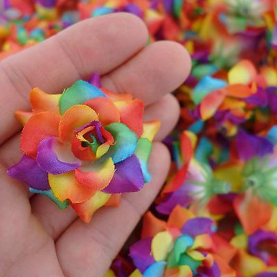 Bulk Artificial Rainbow Roses Silk Fake Fabric Flower Heads for Hair Bands Clips