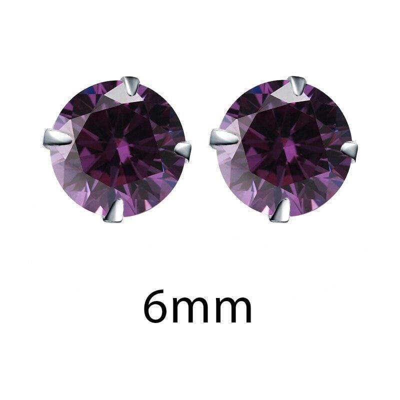Purple 6mm Crystal Zirconia 925 Sterling Silver Stud Earrings Cubic Zircon Stone