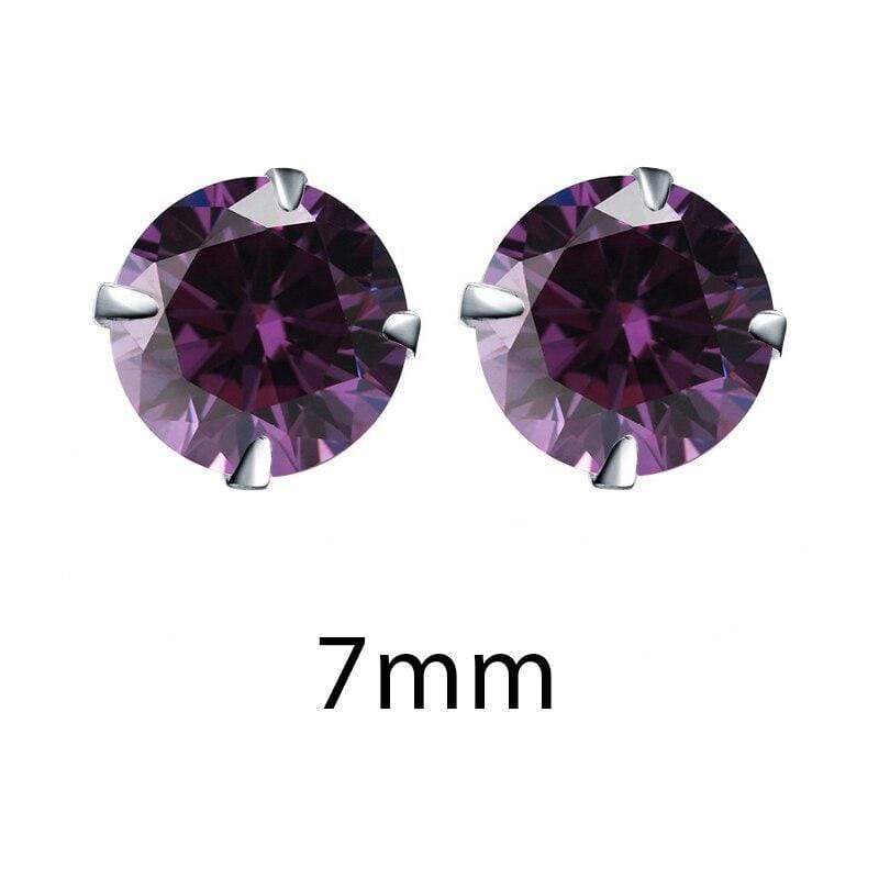 Purple 7mm 1 Crystal Zirconia 925 Sterling Silver Stud Earrings Cubic Zircon Stone