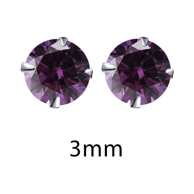 Purple 3mm Crystal Zirconia 925 Sterling Silver Stud Earrings Cubic Zircon Stone